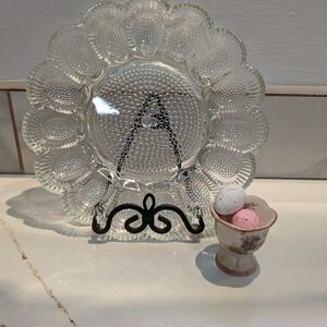 Beautiful clear Glass Egg Plate With Scalloped edges and Raised bubbles